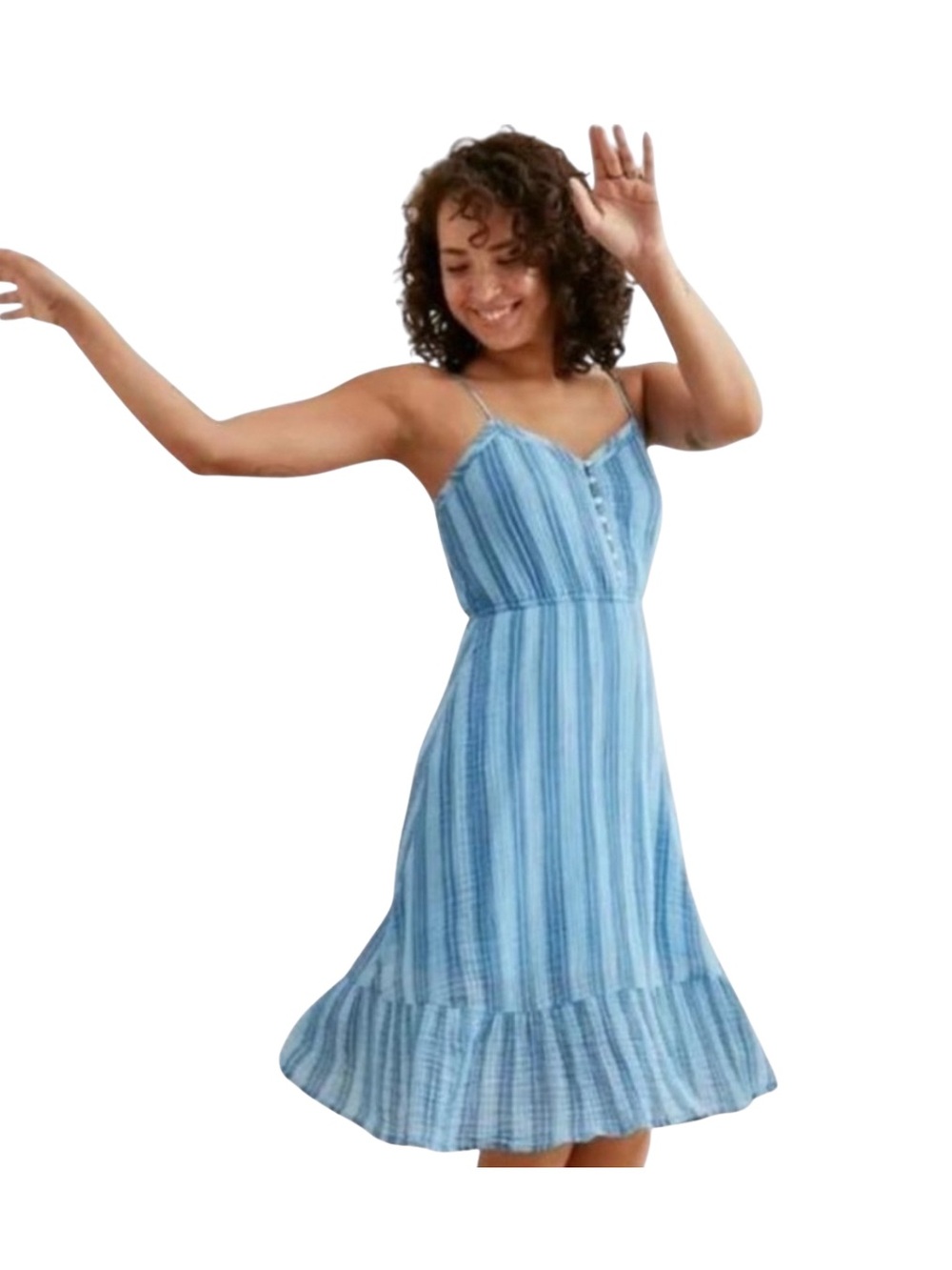 Aerie Blue White Striped Sweetheart Neck Spaghetti Strap Tiered Midi Dress SZ S